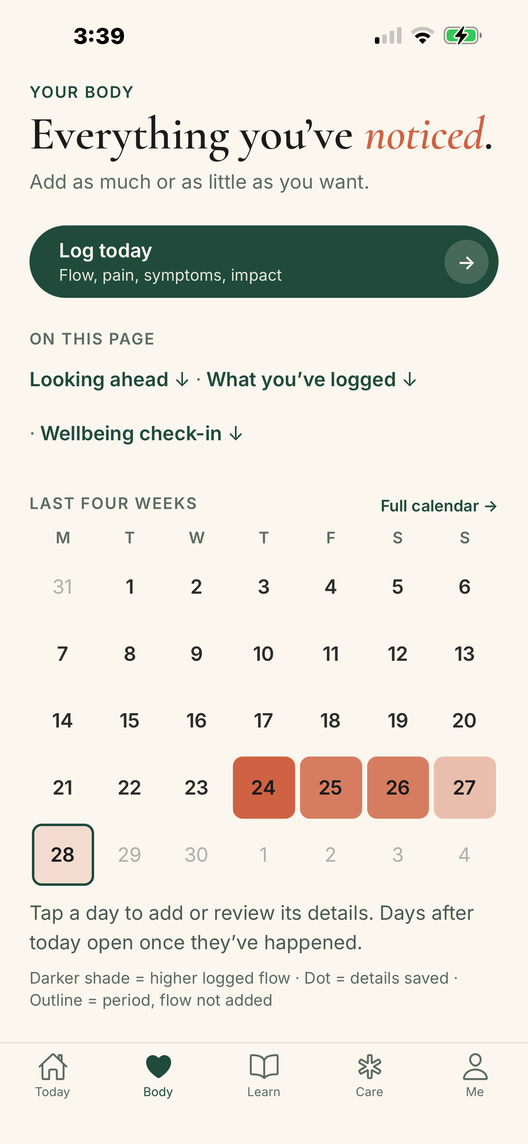 Body calendar: September with five logged period days and the day's details beneath