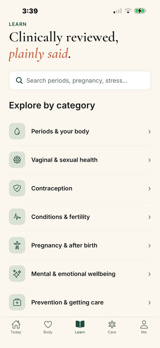 Learn screen: clinically reviewed guides in plain words
