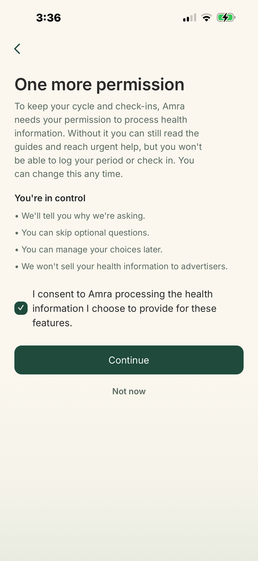 Health consent screen: 